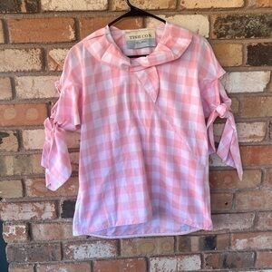 Tish Cox Peter Pan Collar Tie Sleeve Pink White Checkered Blouse